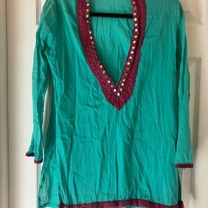 Green Embellished bathing cover with V-Neck and Long Sleeves